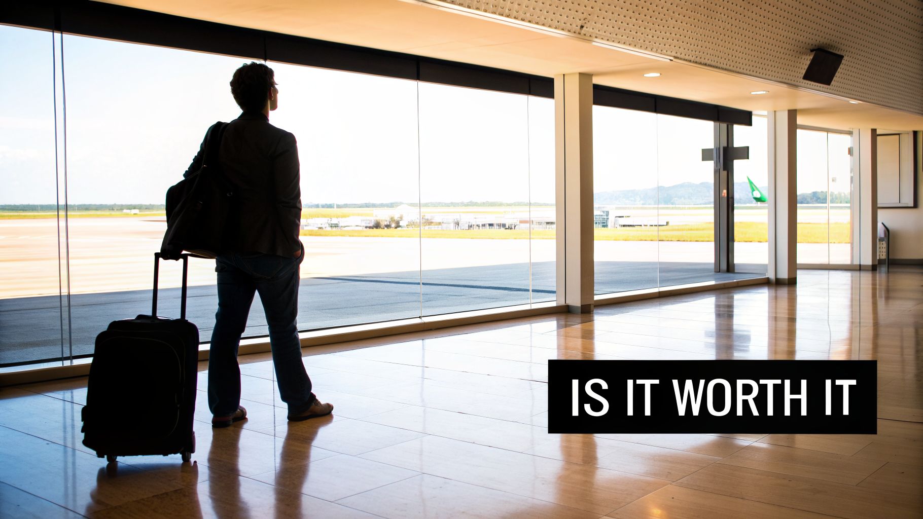 A person with a suitcase and bag stands in an airport lounge, looking out at the tarmac.