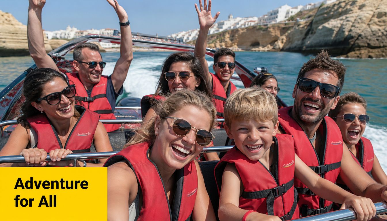 A happy group of friends and family enjoying a thrilling jet boat ride in sunny Albufeira.