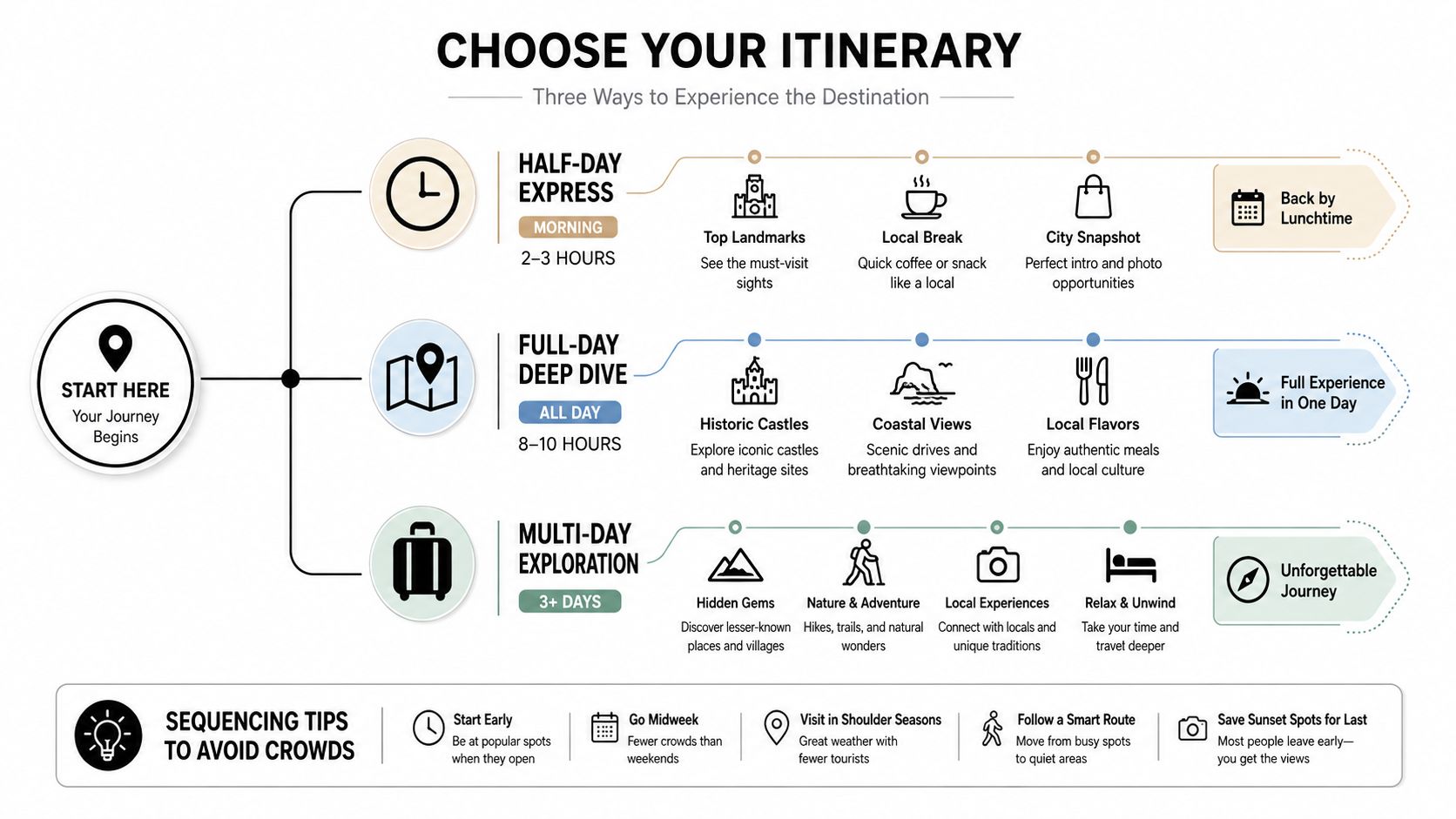 A travel planning infographic showing three itinerary types: half-day express, full-day deep dive, and multi-day exploration.