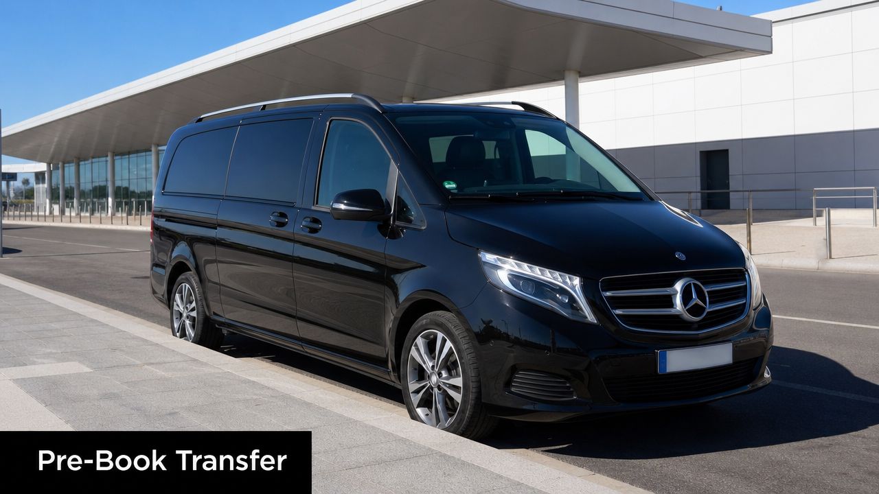 A black Mercedes-Benz V-Class luxury van parked in front of a modern airport terminal building.