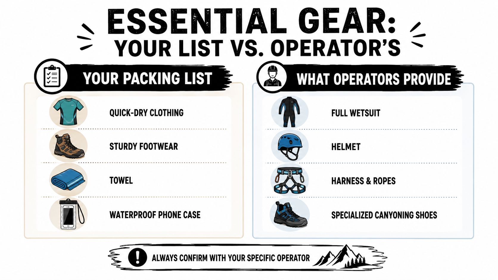 A comparison chart showing personal packing items versus equipment provided by professional canyoning tour operators.