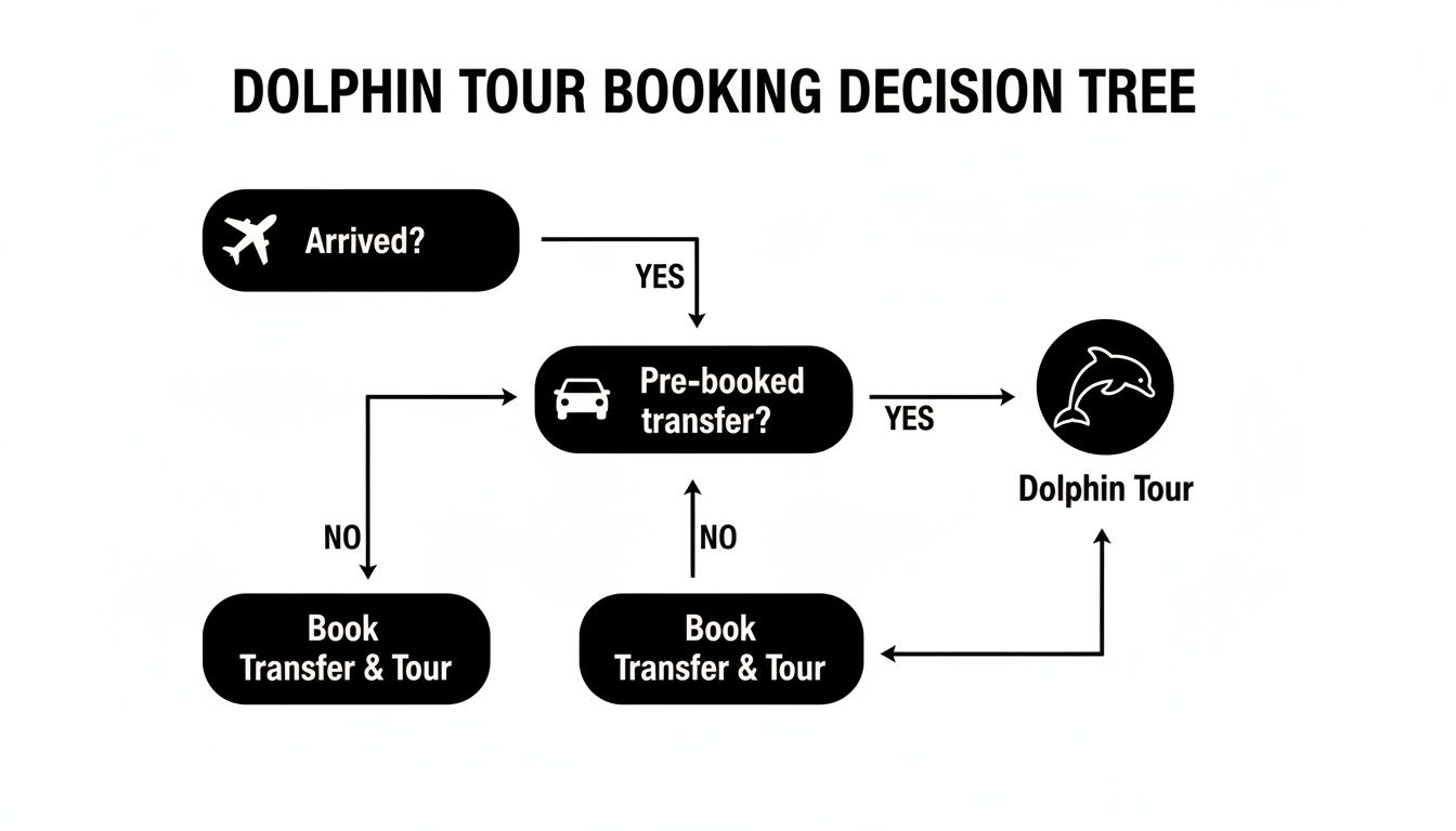 A decision tree flowchart illustrating the dolphin tour booking process, from arrival to transfer and booking.