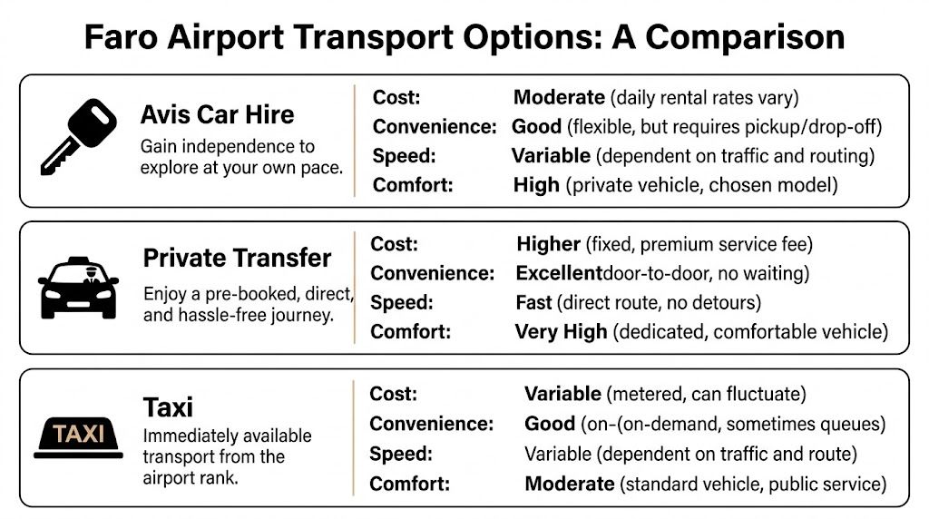 A comparison chart outlining different transport options available at Faro Airport, including car hire, transfers, and taxis.
