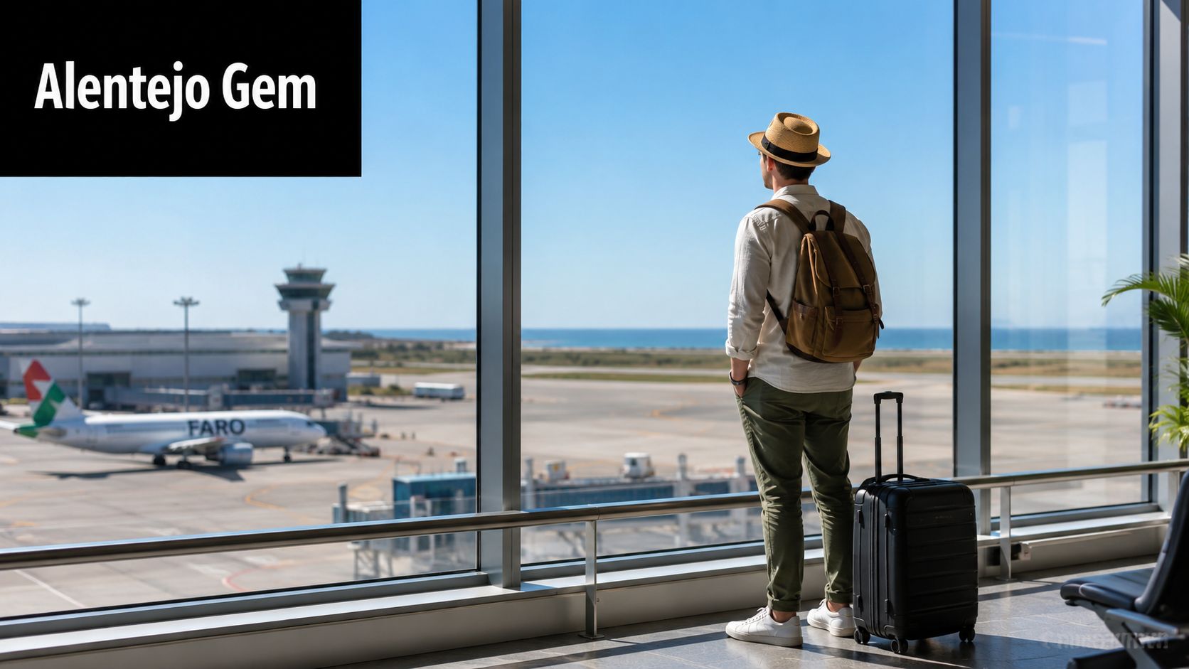 A traveler with a backpack and suitcase looks out an airport window at a plane in Faro.