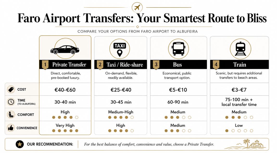 A comparison chart showing transportation options from Faro Airport to Albufeira including cost, time, and comfort levels.