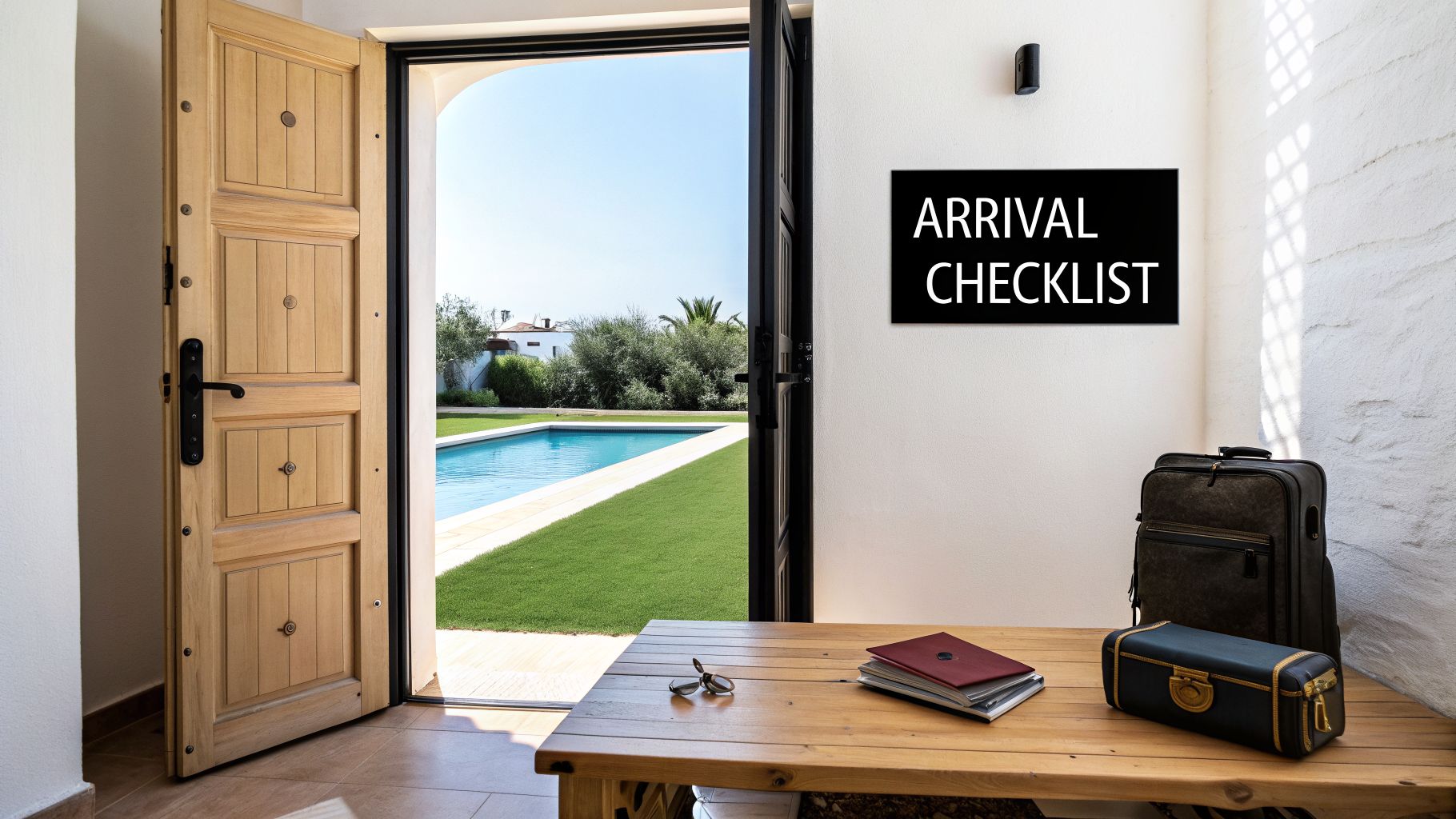An open door reveals a sunny villa backyard with a swimming pool and green lawn. Inside, a table has travel items and an 'Arrival Checklist' sign.
