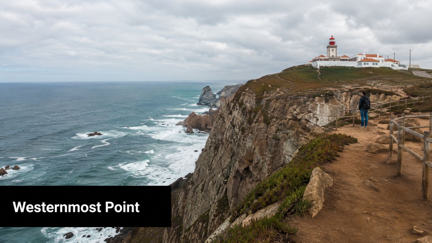 A hiker stands on a cliffside path overlooking the ocean at Cabo da Roca lighthouse in Portugal.