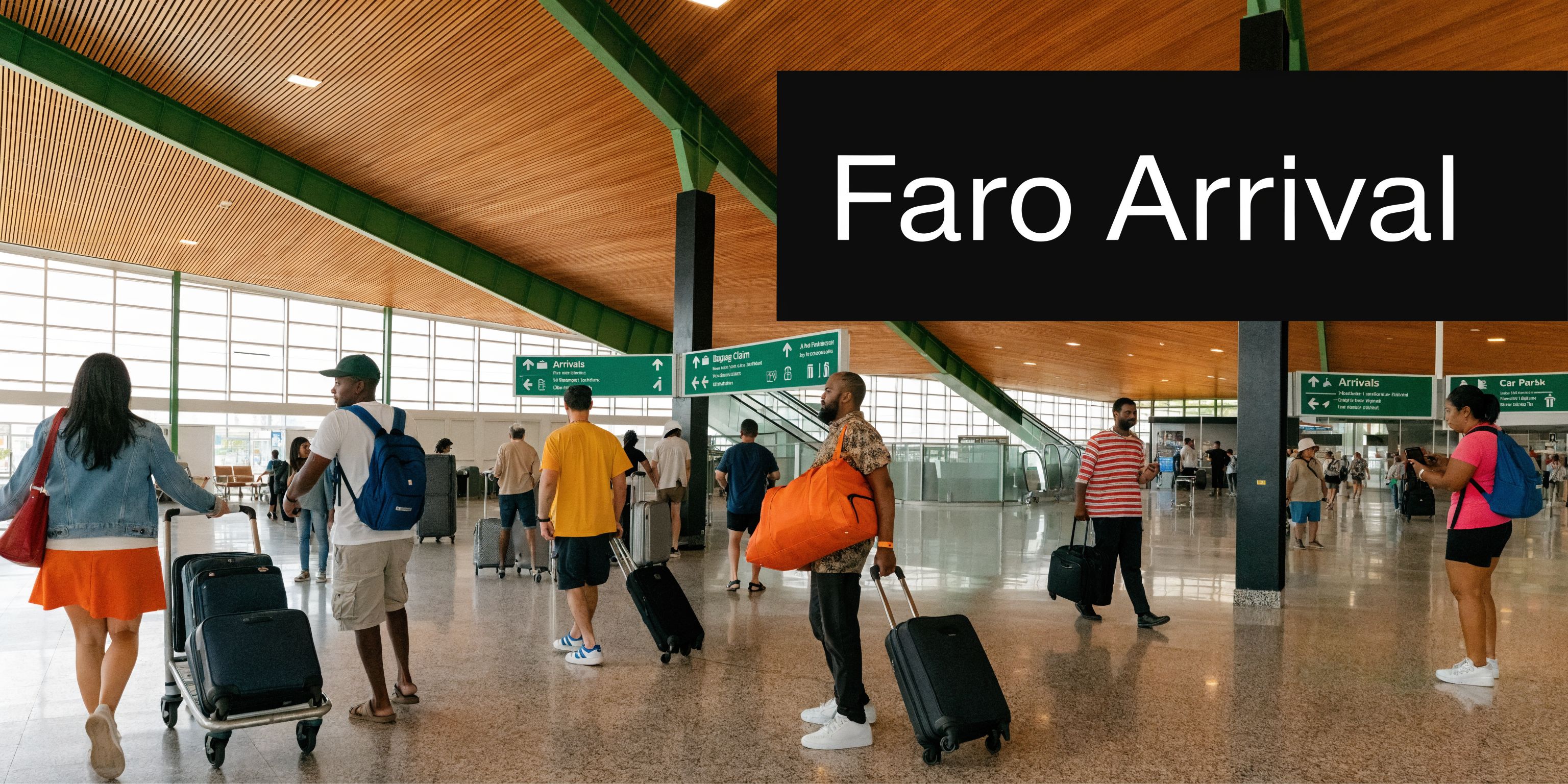 Passengers walking with luggage through the modern Faro Airport arrivals terminal with directional signage overhead.