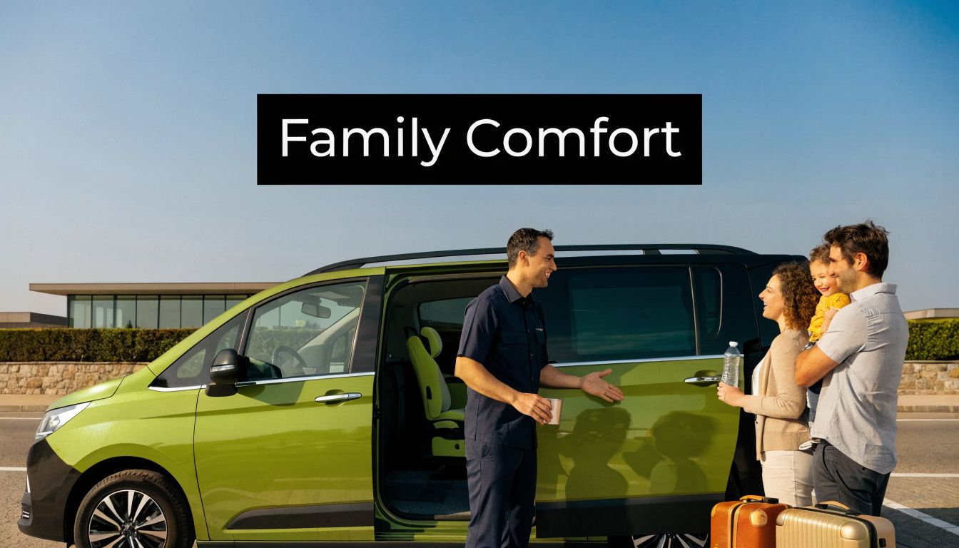 A professional driver greets a happy family with luggage at an airport taxi service pickup.