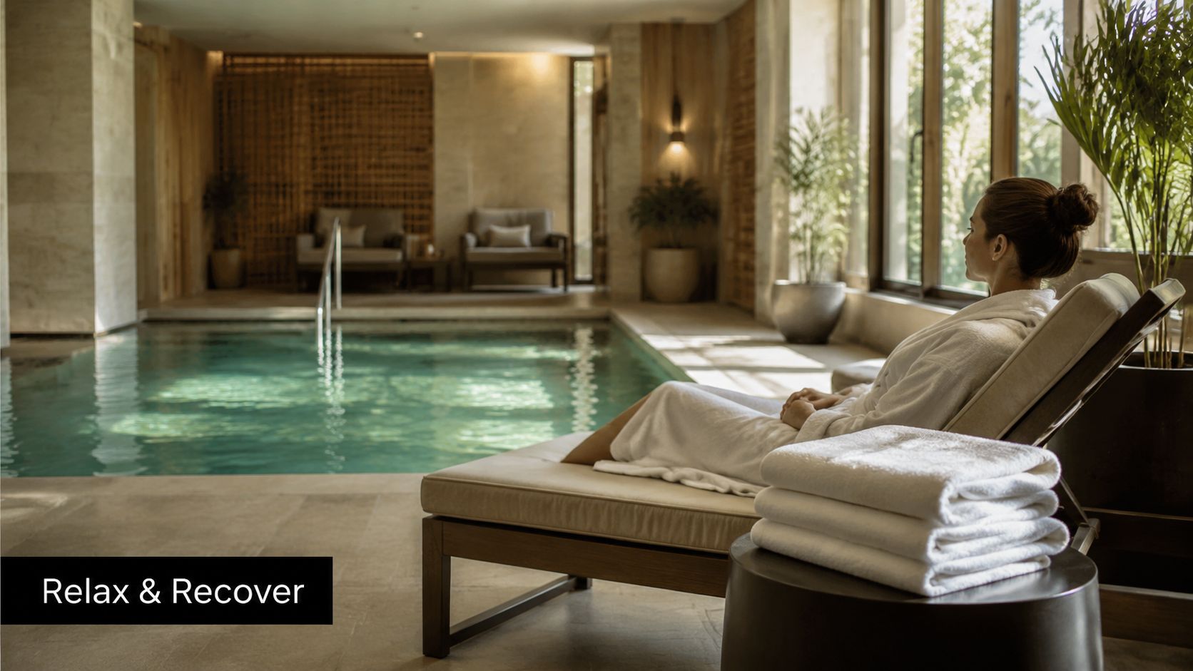 A woman in a white bathrobe relaxing on a lounge chair beside an indoor swimming pool.