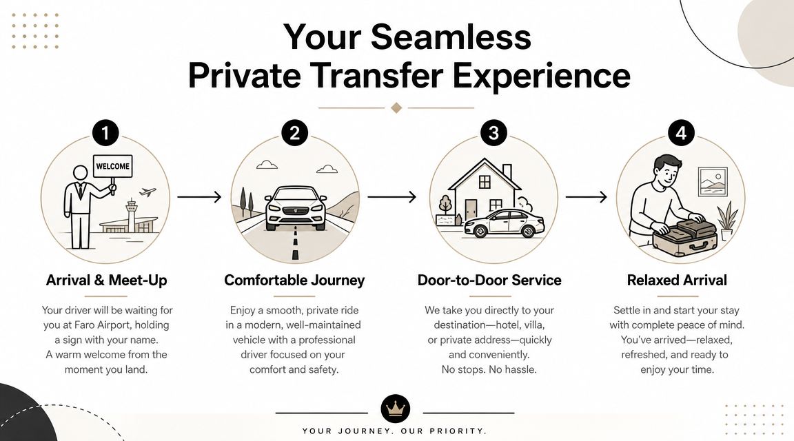 A four-step infographic illustrating a seamless private airport transfer service for travelers arriving in Portugal.