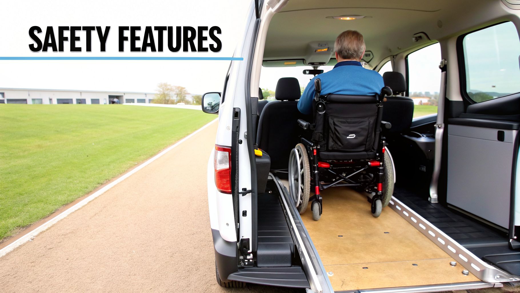 A man in a wheelchair inside a white mobility van with an extended ramp, highlighting safety features.