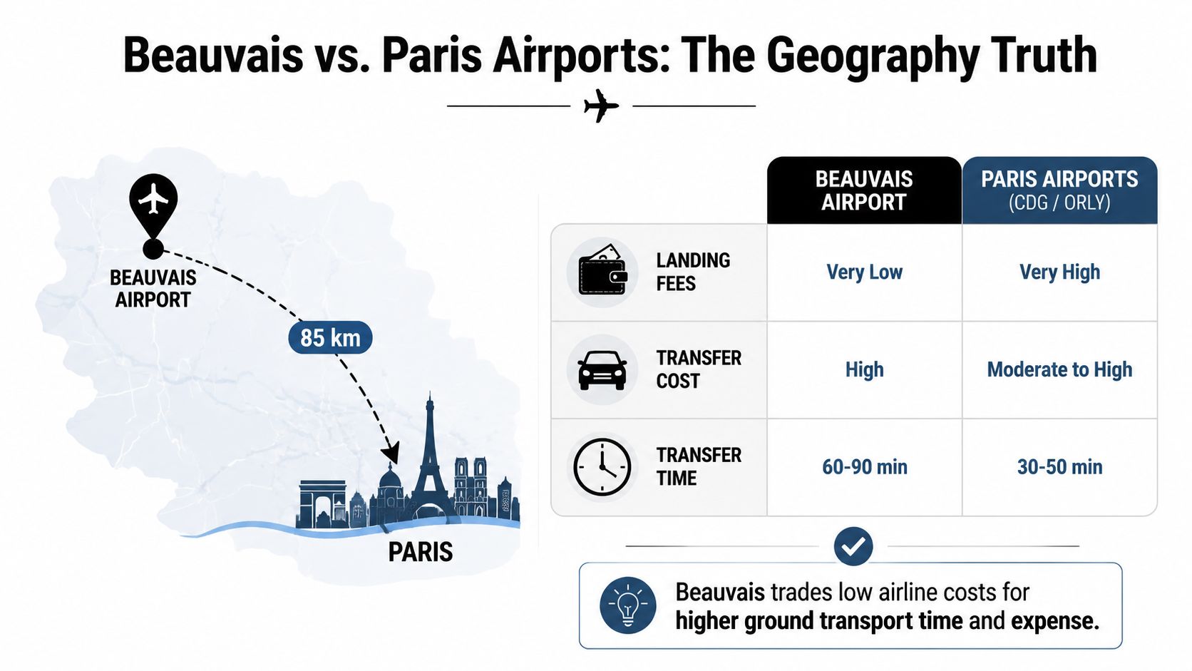 A comparison chart showing distance, landing fees, transfer costs, and travel times for Beauvais versus Paris airports.