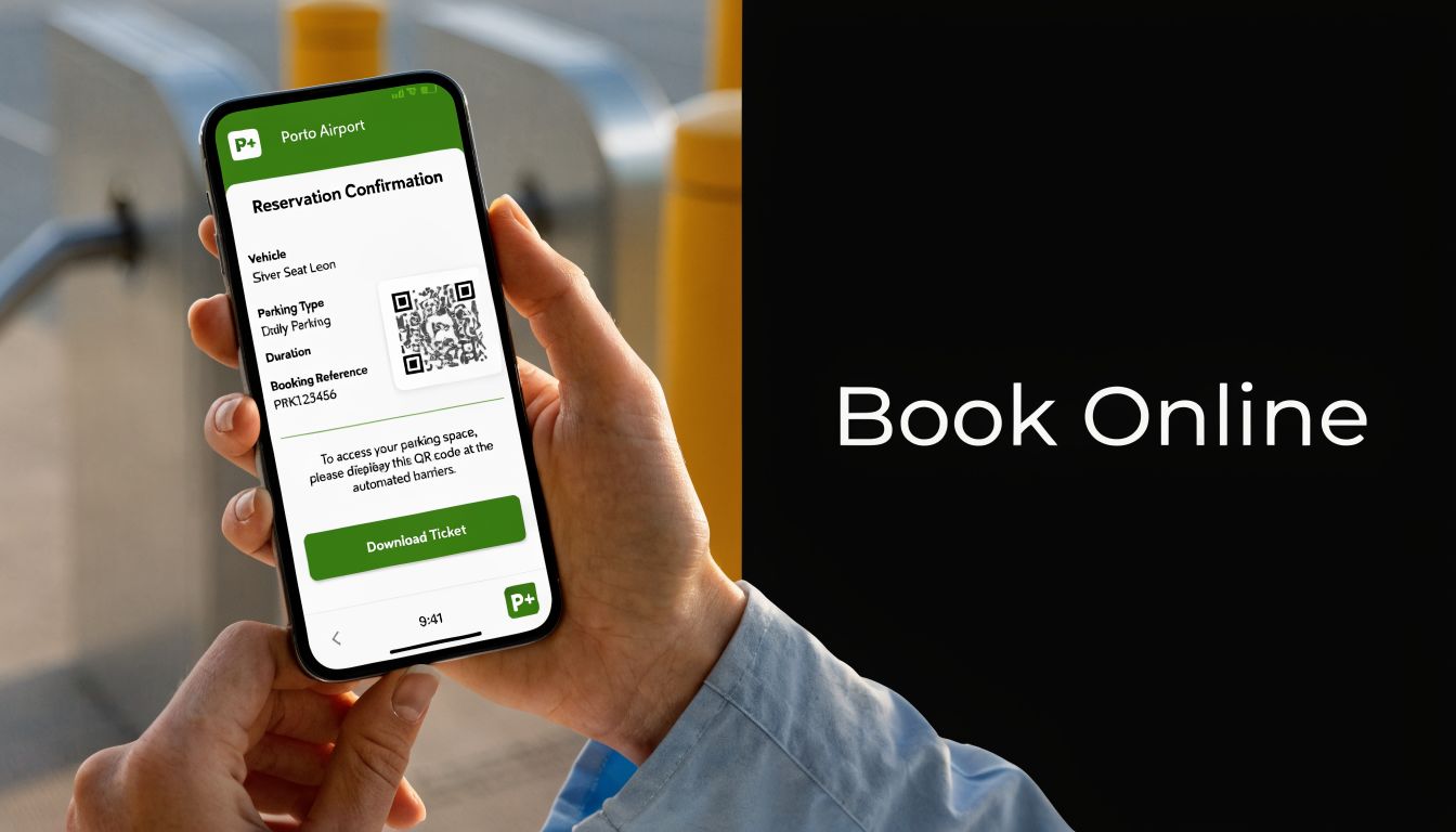 A person holds a smartphone displaying a digital parking reservation confirmation for Porto Airport with a QR code.