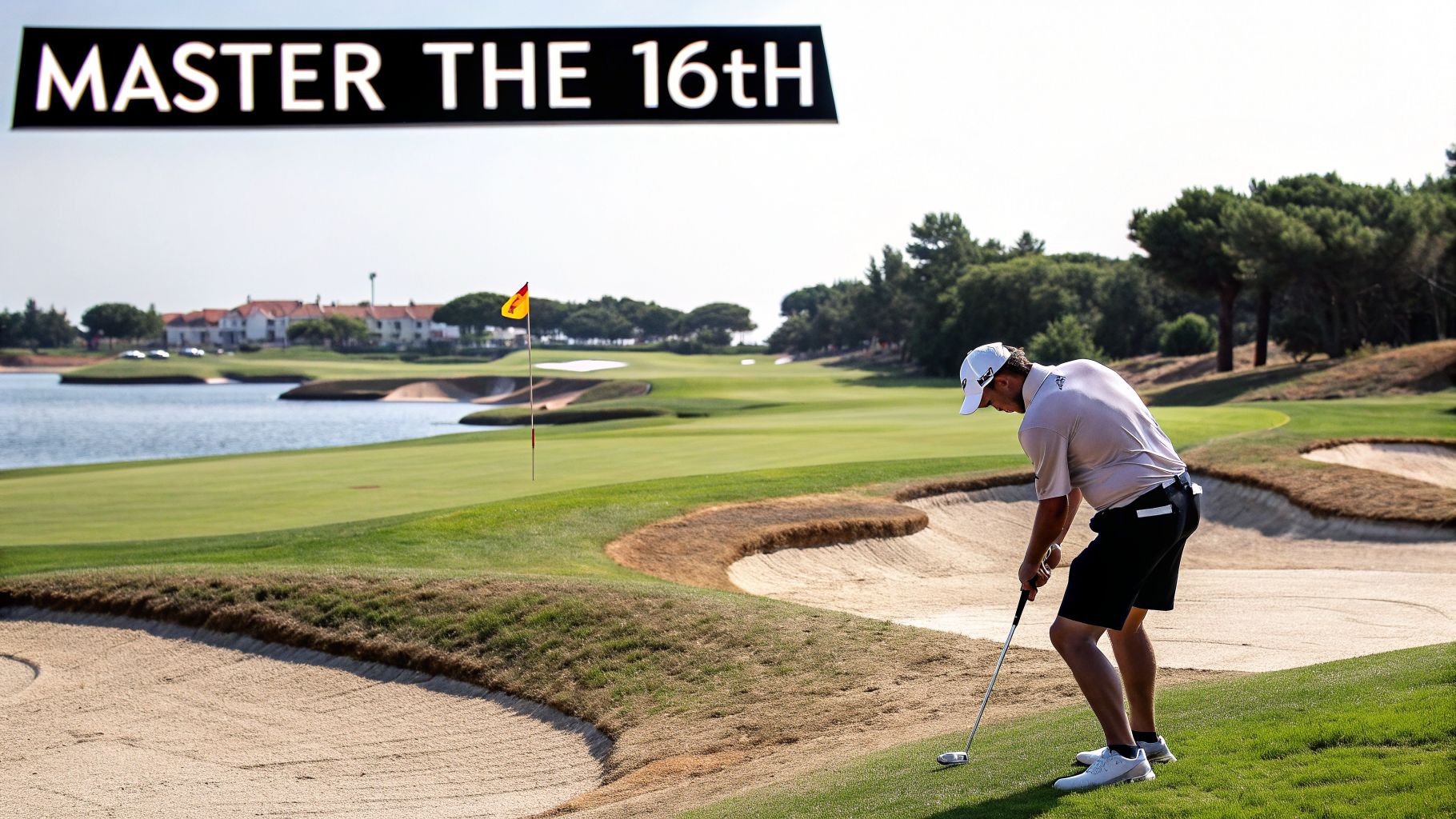 Golfer takes a shot on a sunny course with bunkers, a lake, and a flag.