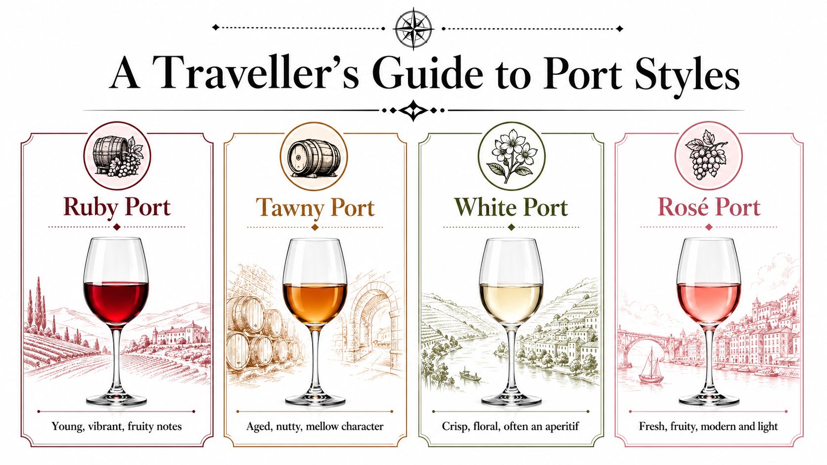 An infographic titled A Traveller's Guide to Port Styles, showcasing Ruby, Tawny, White, and Rosé port wines.
