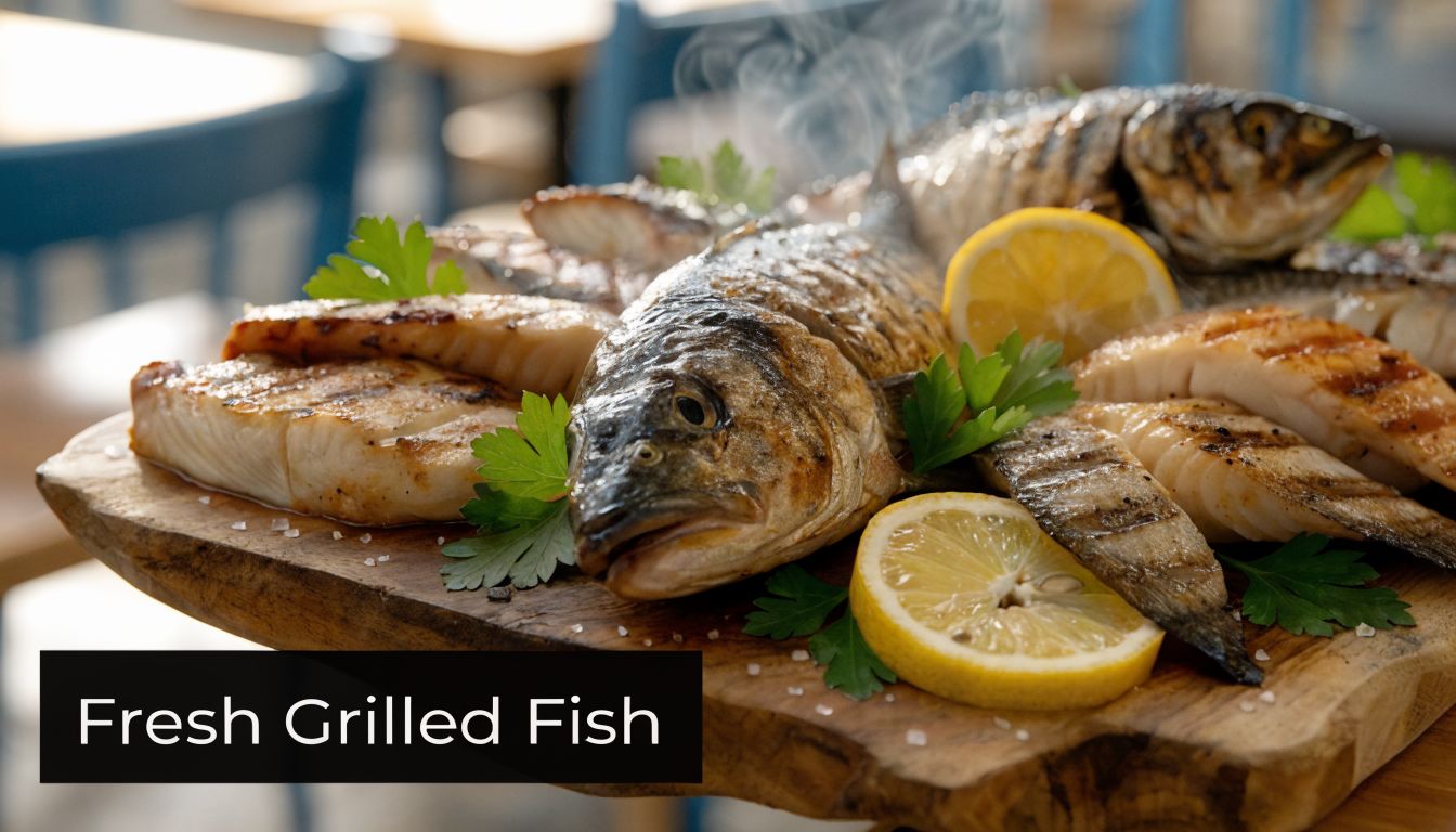 A wooden board topped with freshly grilled fish, garnished with parsley and slices of vibrant yellow lemon.