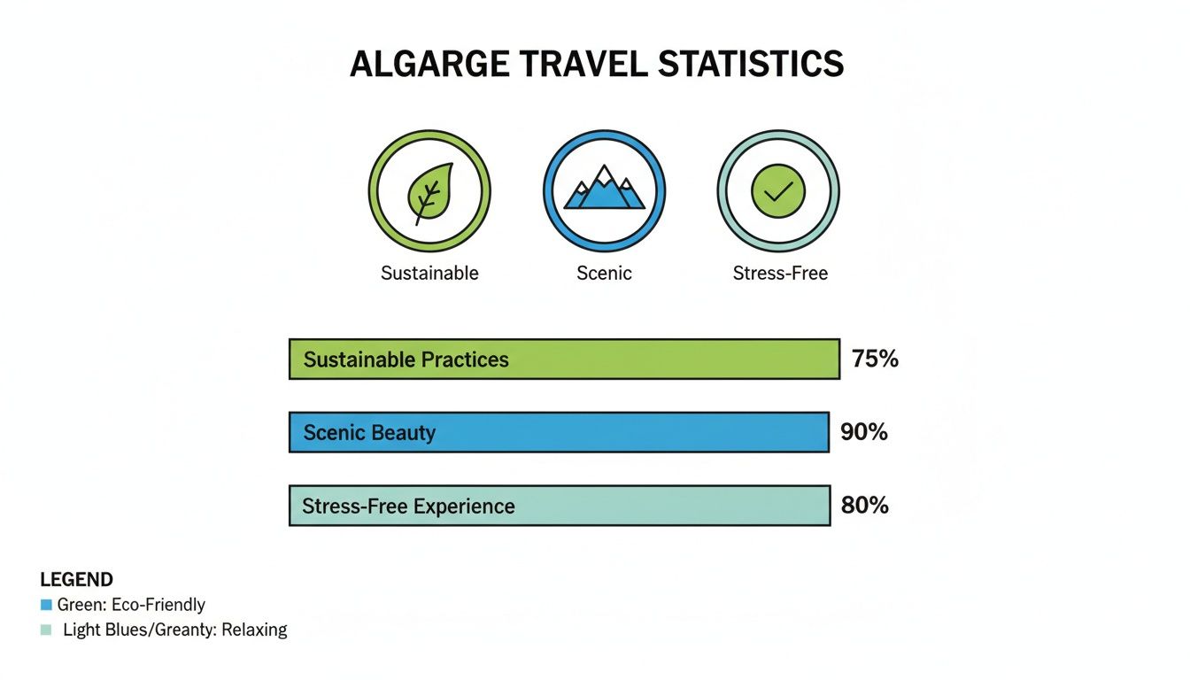Algarve travel statistics infographic showing sustainable practices, scenic beauty, and stress-free experience percentages.