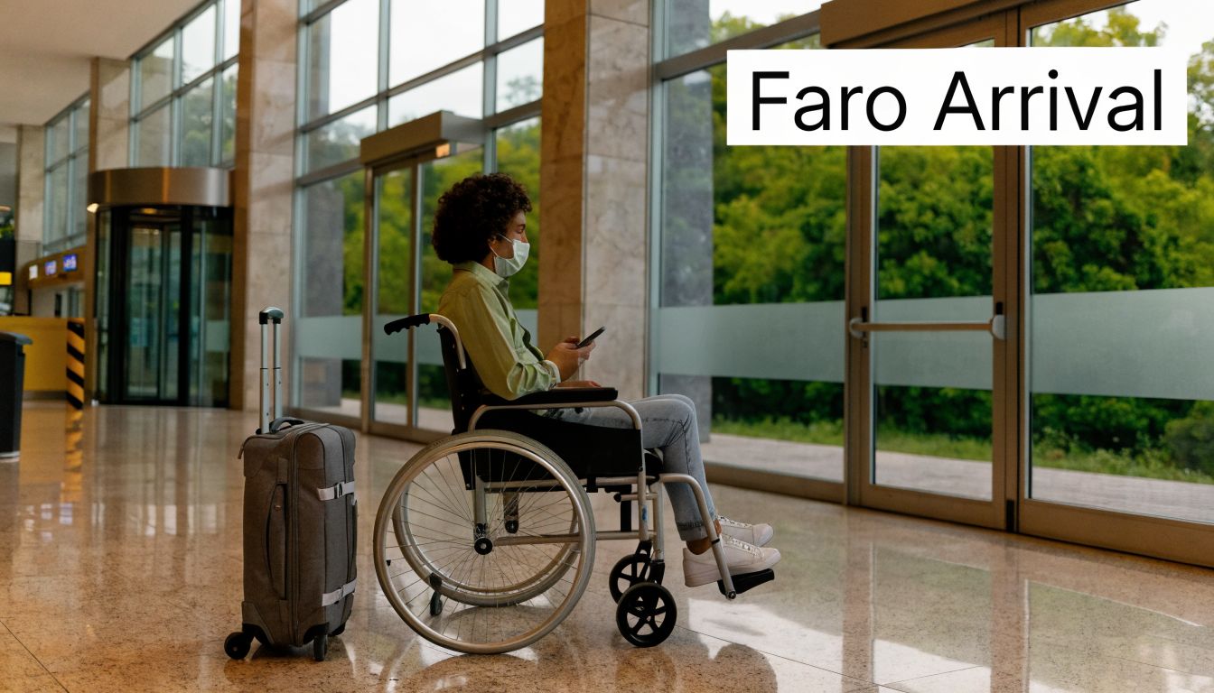 A person with reduced mobility sitting in a wheelchair while using a smartphone at an airport terminal.