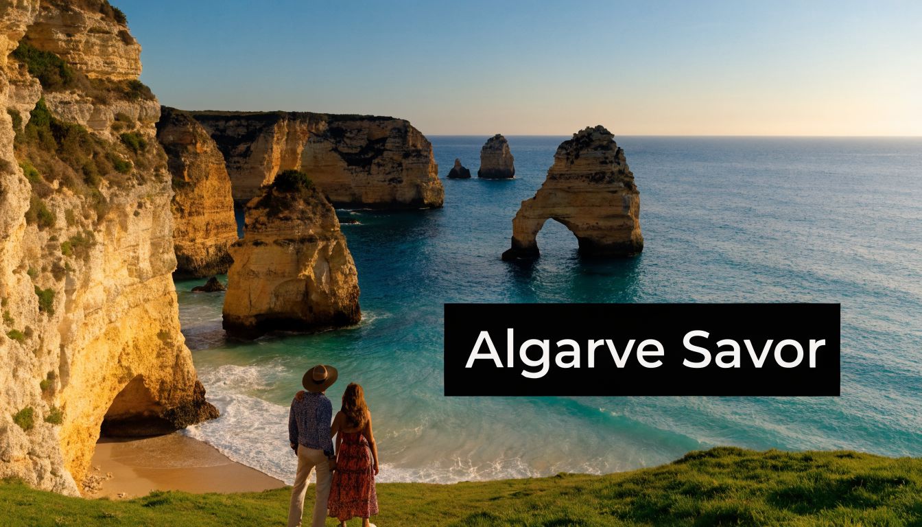 A couple standing on a grassy cliff overlooking the stunning rocky coastline of the Algarve in Portugal.