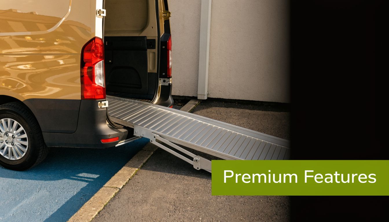 A tan van parked with a metal accessibility ramp extended onto the asphalt for wheelchair access.