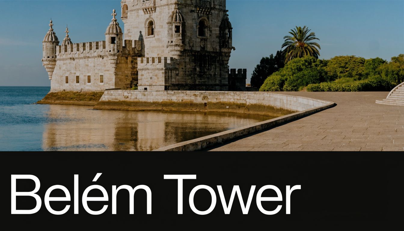 A scenic view of the historic Belém Tower standing by the Tagus River in Lisbon, Portugal.