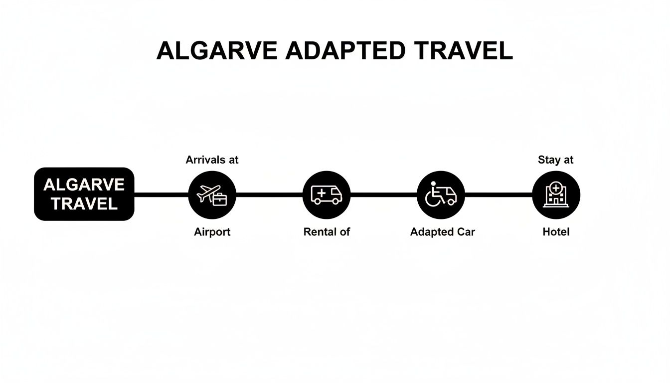 A diagram outlining Algarve Adapted Travel services, including airport arrivals, adapted vehicle rental, and accessible hotel stays.