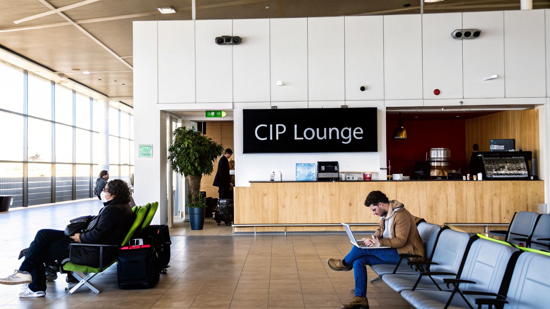 Passengers relax in a modern airport lounge, one using a laptop, near a CIP Lounge sign.