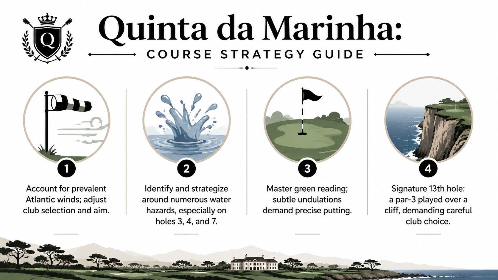 A golf strategy guide for Quinta da Marinha featuring four tips including wind, water hazards, and putting.