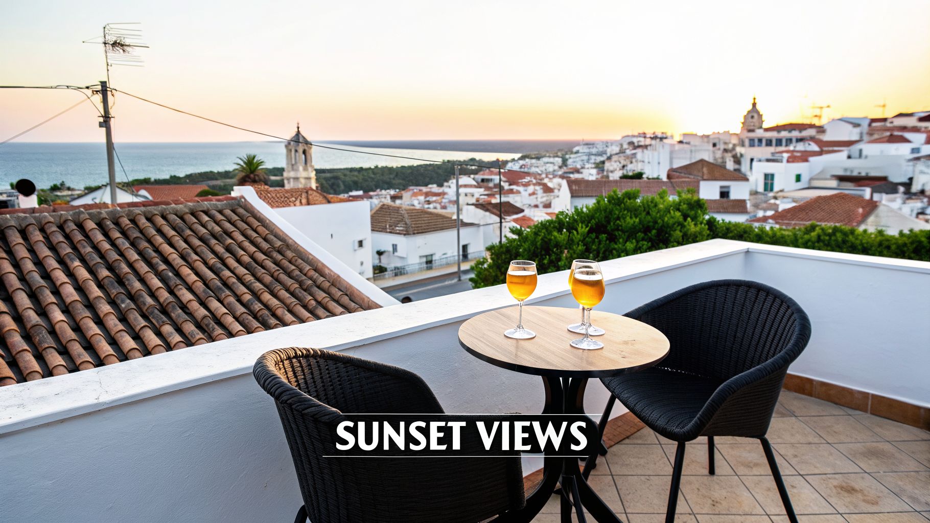 Enjoy sunset views from a balcony over an old coastal town with refreshing drinks.