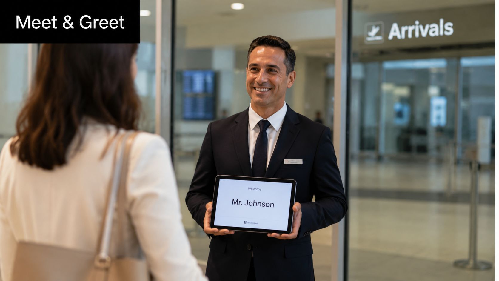 A professional greeter in a suit holds a tablet welcoming Mr. Johnson at an airport arrivals area.