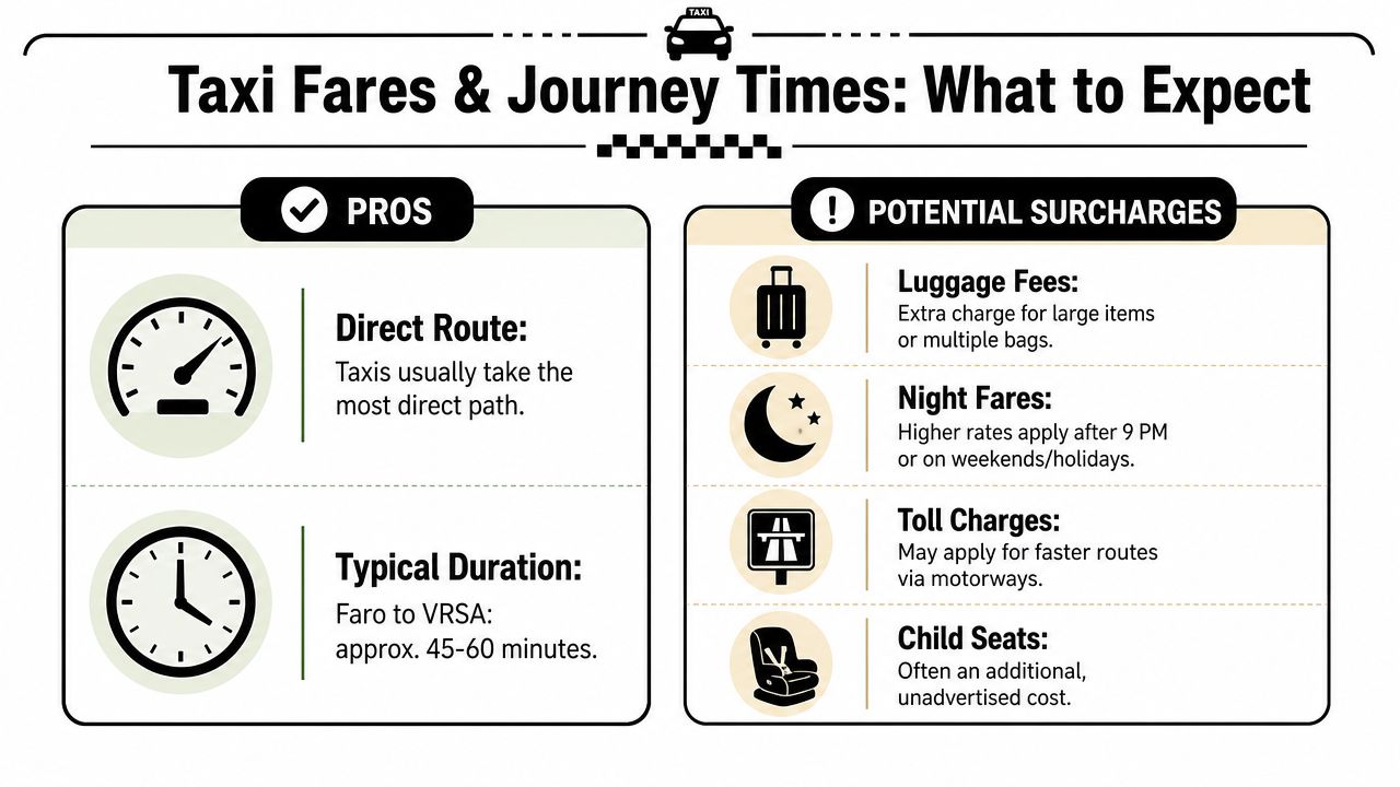 An infographic titled Taxi Fares & Journey Times detailing pros and potential surcharges for taxi travel.