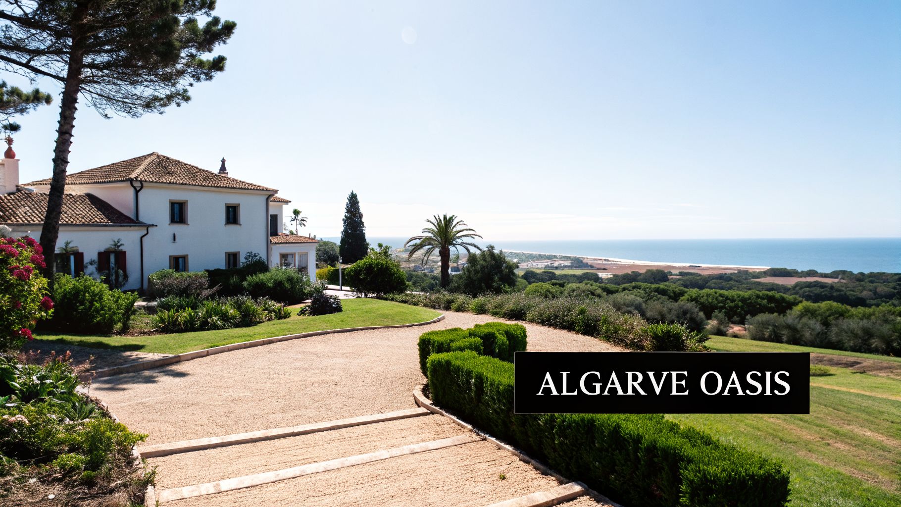 A beautiful white country house with a tiled roof and lush gardens overlooking the vast blue sea and coastline.