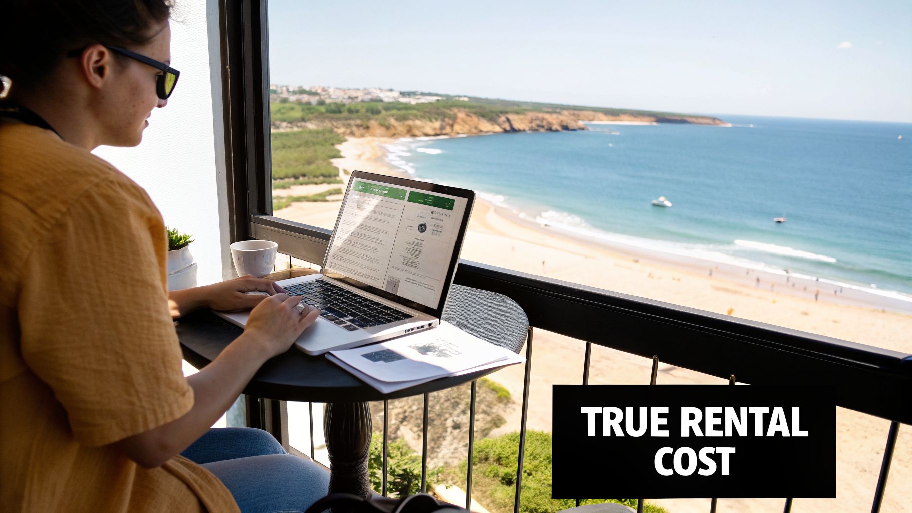 Person working on a laptop from a balcony with a stunning view of a sunny beach and ocean.