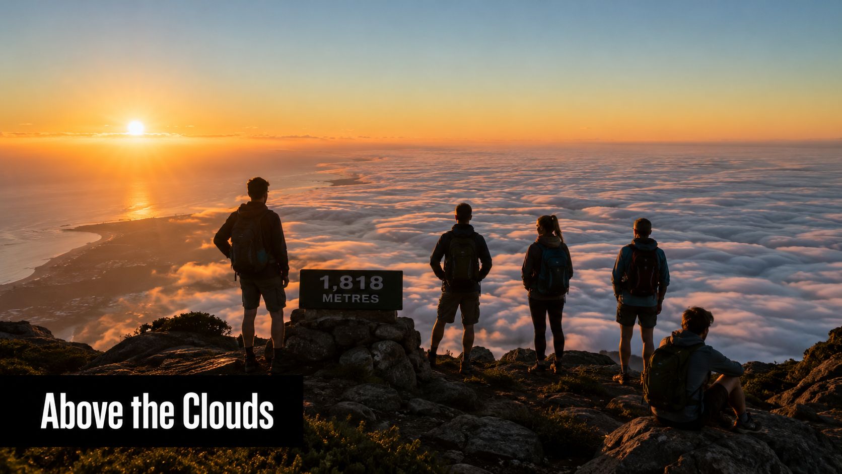 A group of hikers viewing a beautiful sunrise above a sea of clouds from a mountain peak.