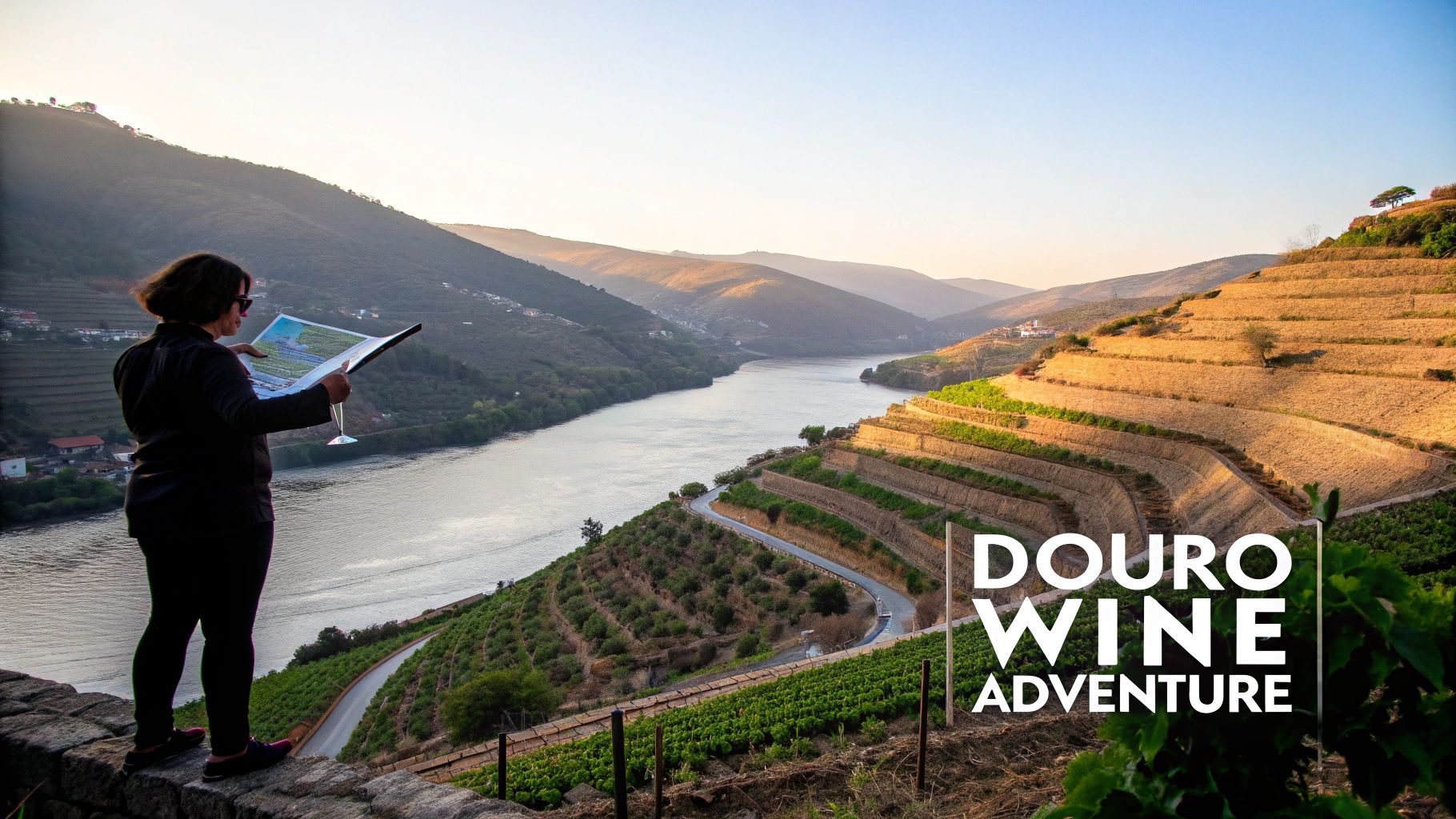 Woman with map and wine glass overlooks stunning Douro Valley river and terraced vineyards at sunset.