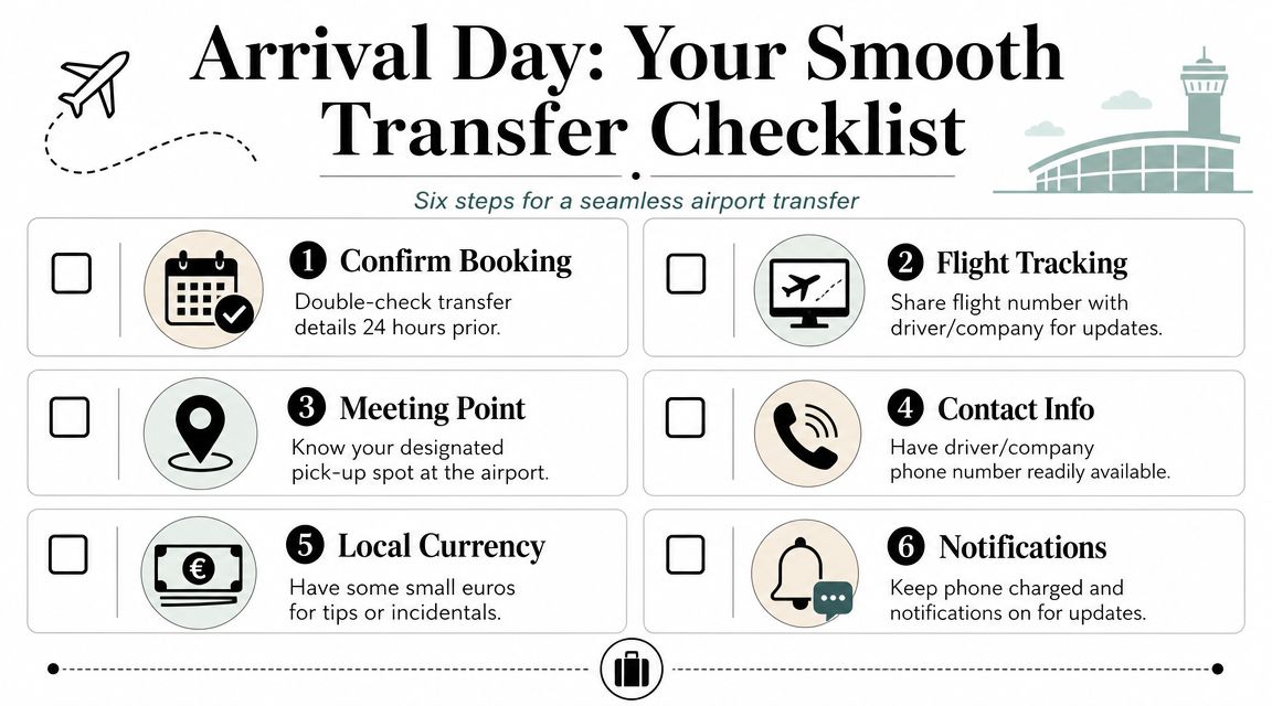 A checklist infographic titled Arrival Day illustrating six essential steps for a smooth airport transfer experience.