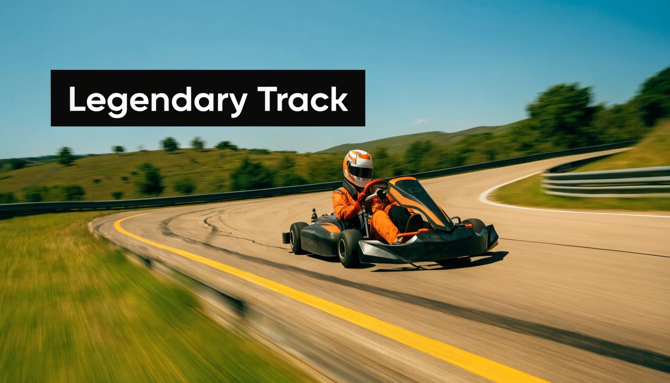 A person in professional racing gear driving a go-kart on a sunny, scenic asphalt racetrack.