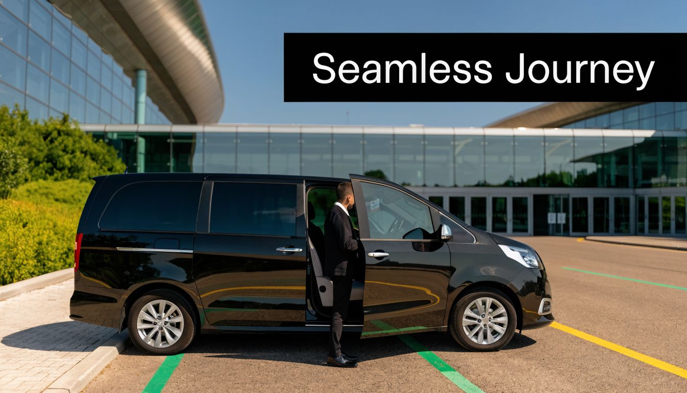 A professional chauffeur waiting by a black luxury van outside a modern airport terminal building.