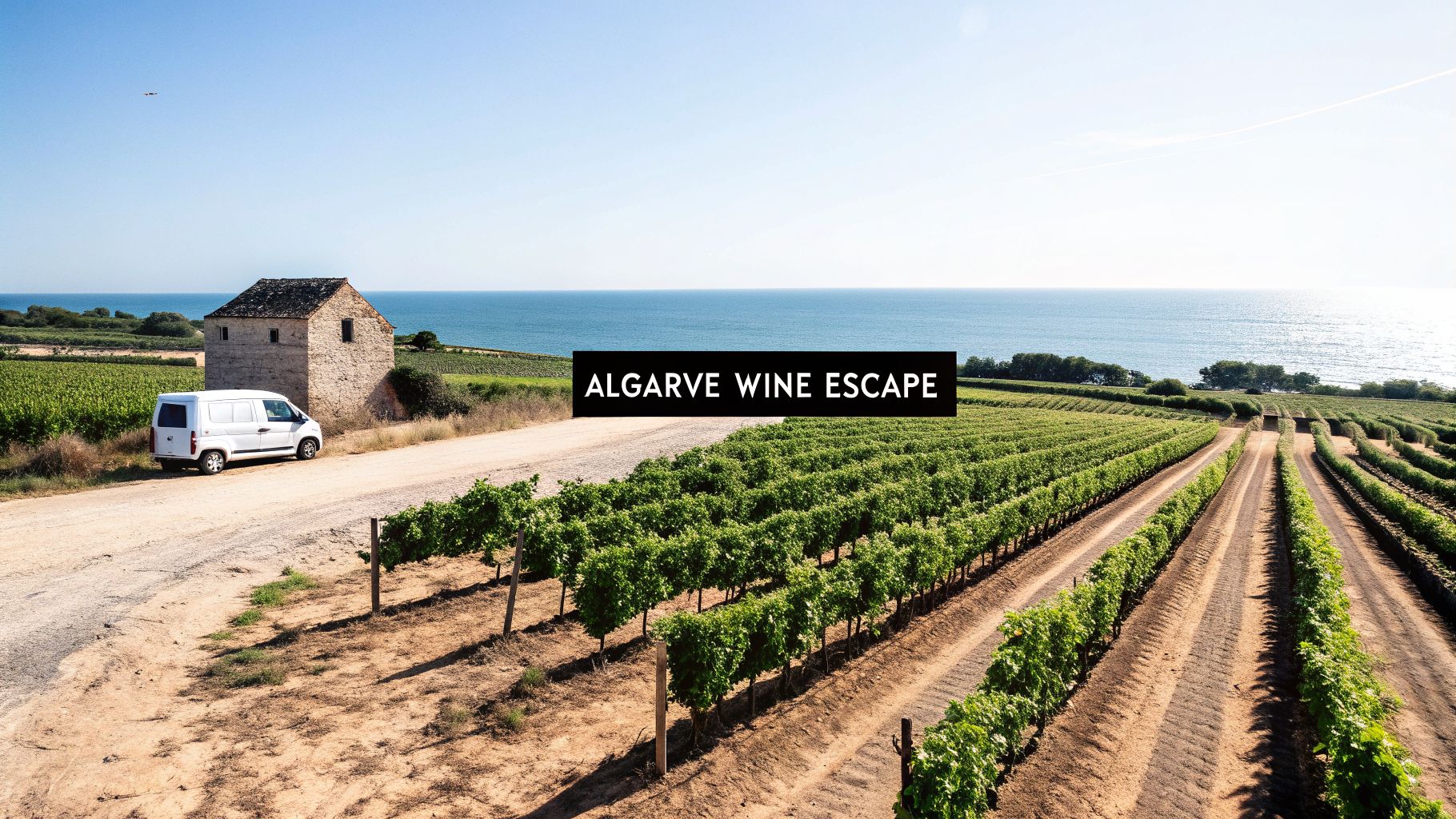 A scenic vineyard with rows of grapevines, a traditional stone building, and a white van by the Algarve coast.