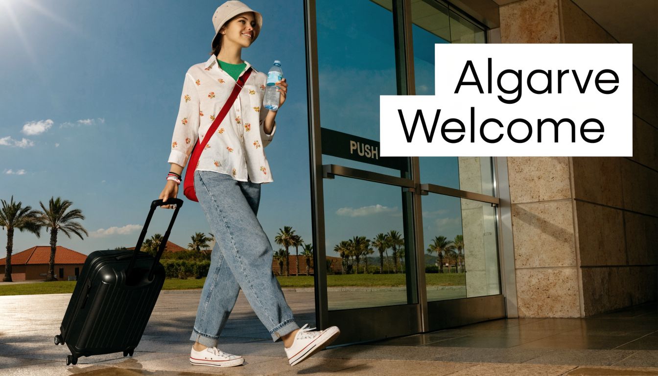 A young woman wearing a bucket hat walks through glass doors with her rolling suitcase in Algarve.