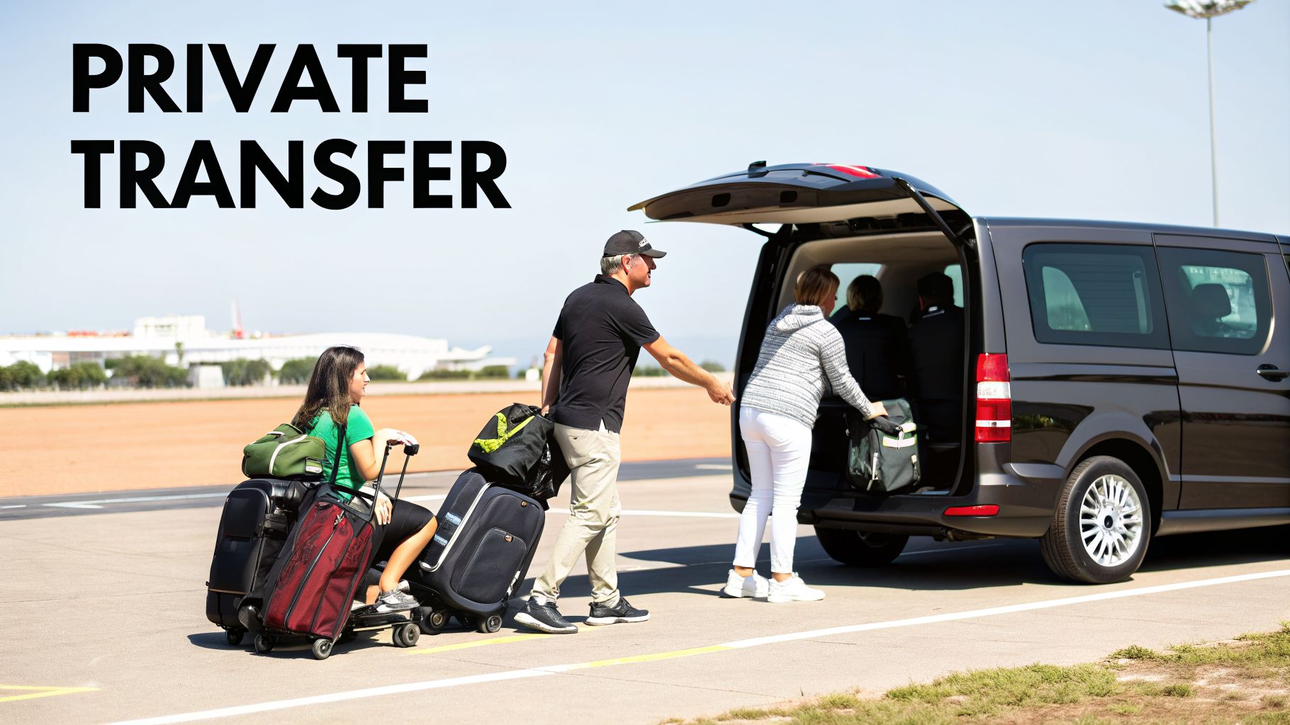People loading multiple suitcases and bags into a black van for a private transfer at an airport.