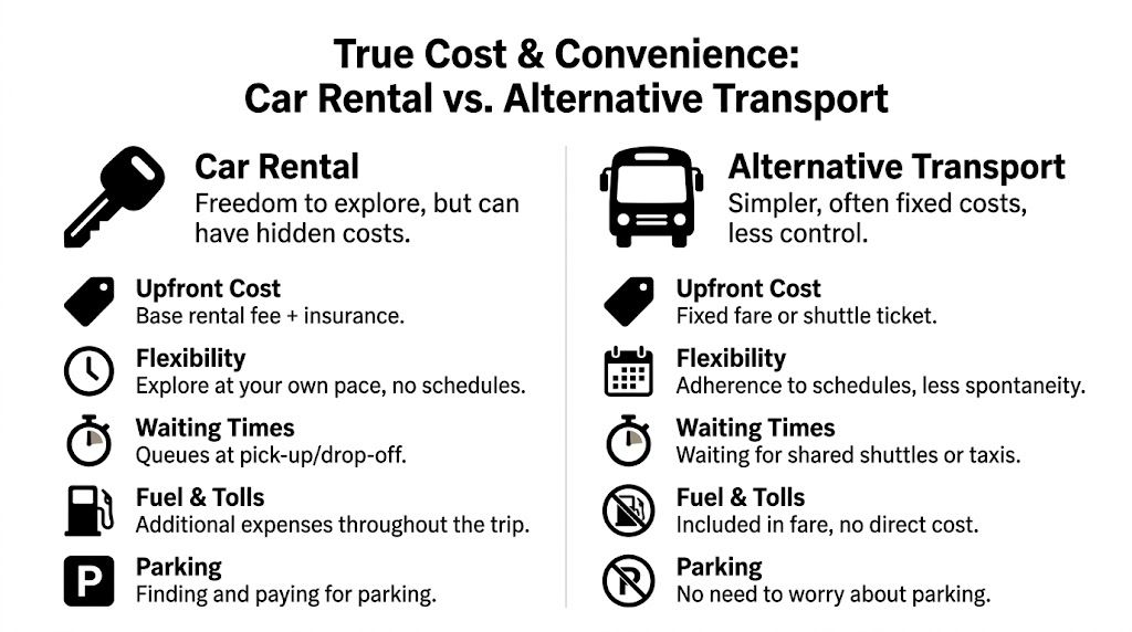 A comparison chart showing the differences between renting a car and using alternative public transportation methods.