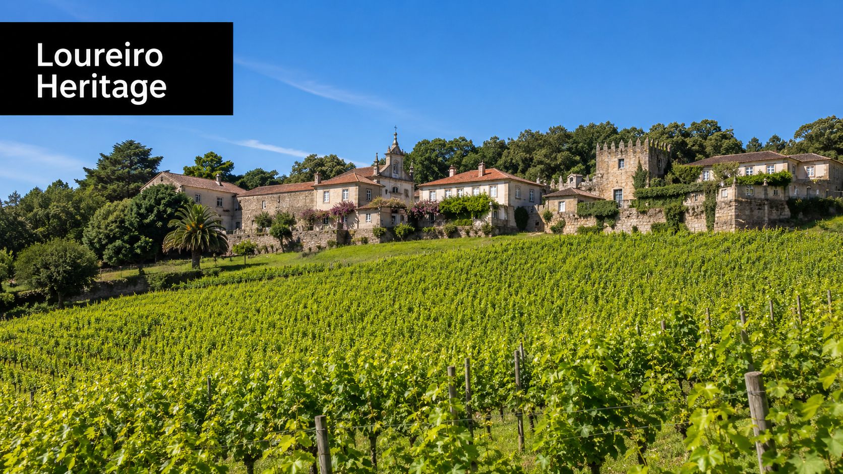 A scenic vineyard with lush green vines leading up to a historic stone estate in Portugal.
