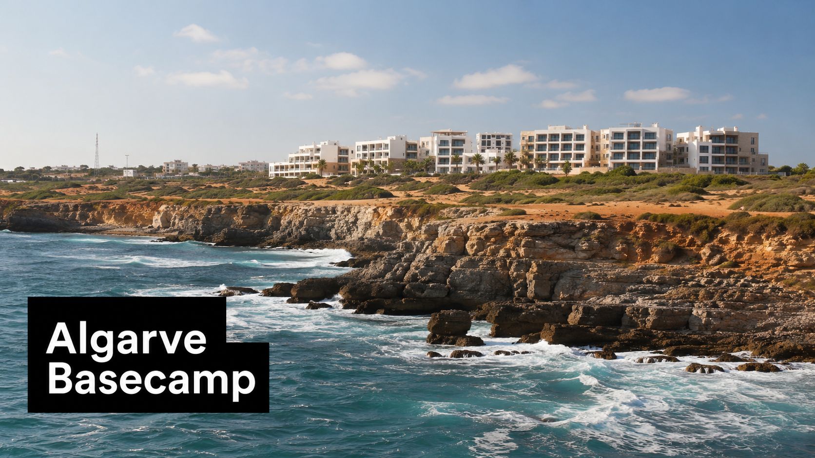 A coastal view of the Algarve coastline with luxury apartment buildings perched on high rocky cliffs.