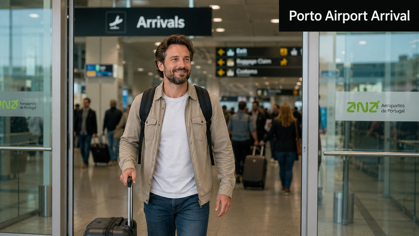A smiling man with a backpack pulling a suitcase through the arrival terminal at Porto Airport