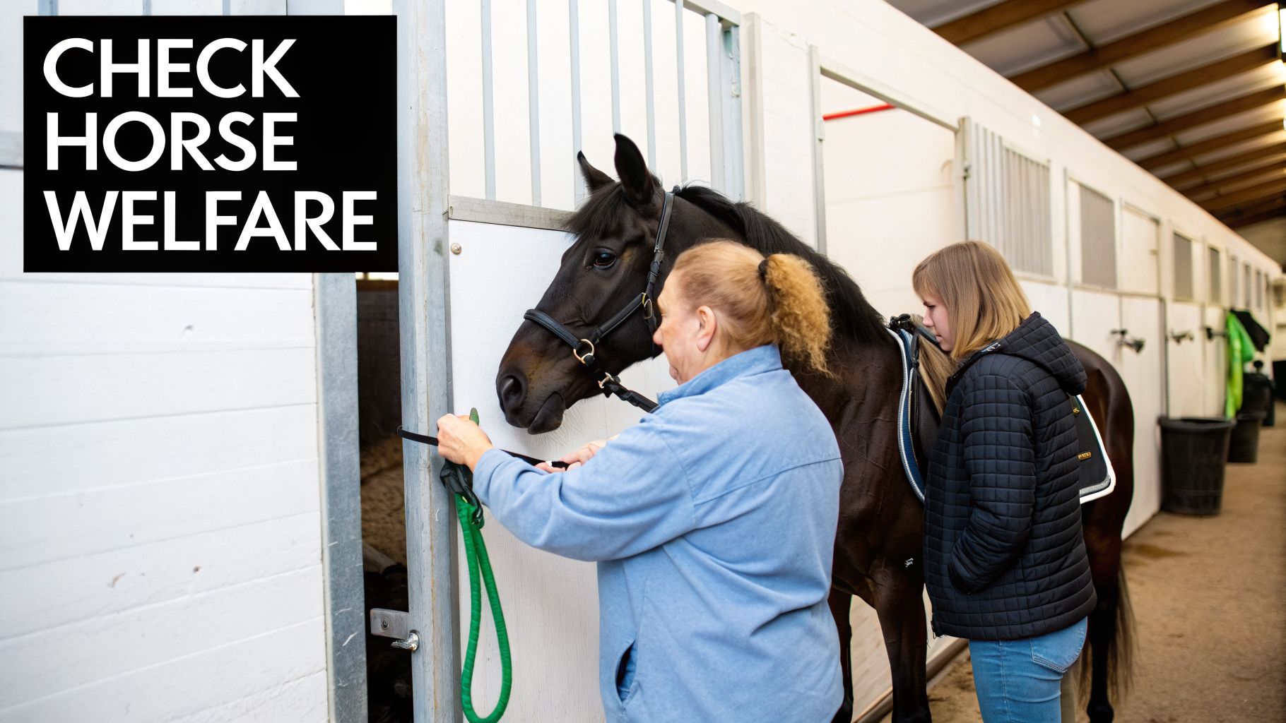 Two women in a stable, one caring for a horse, with a 'Check Horse Welfare' sign.