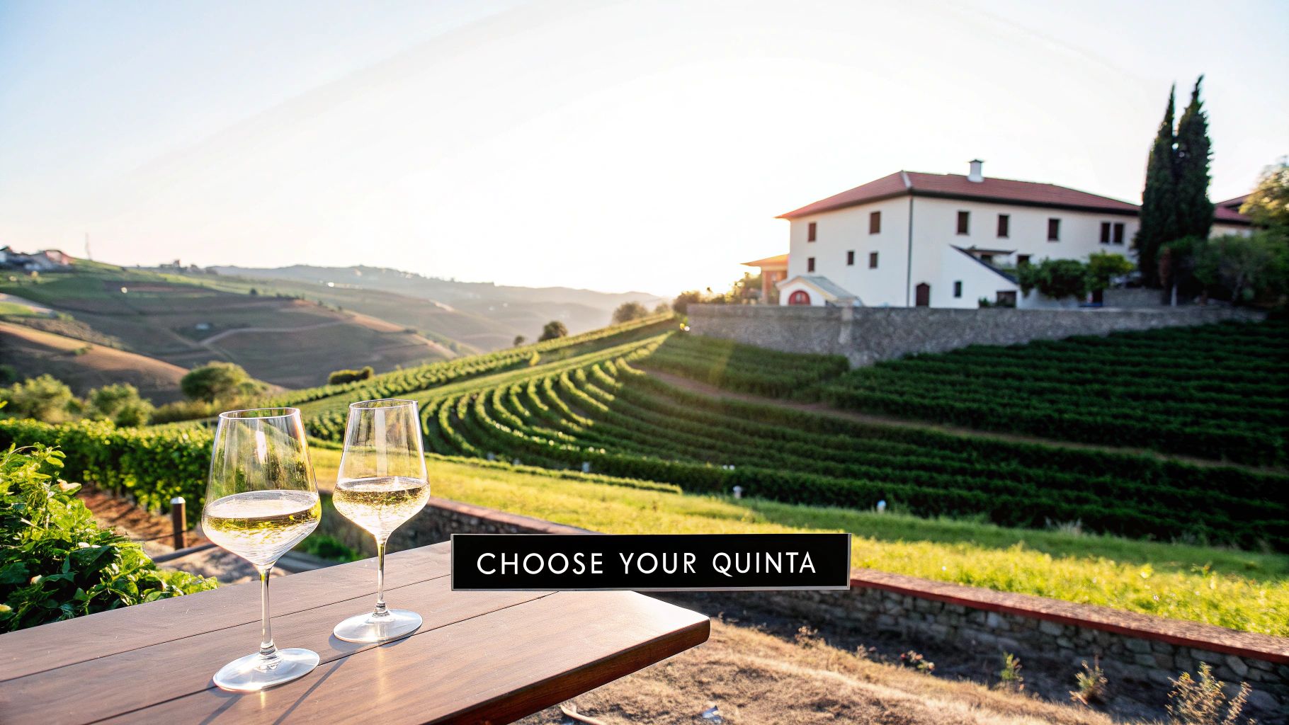 Two glasses of white wine on a table overlooking a beautiful Douro Valley vineyard and traditional quinta.