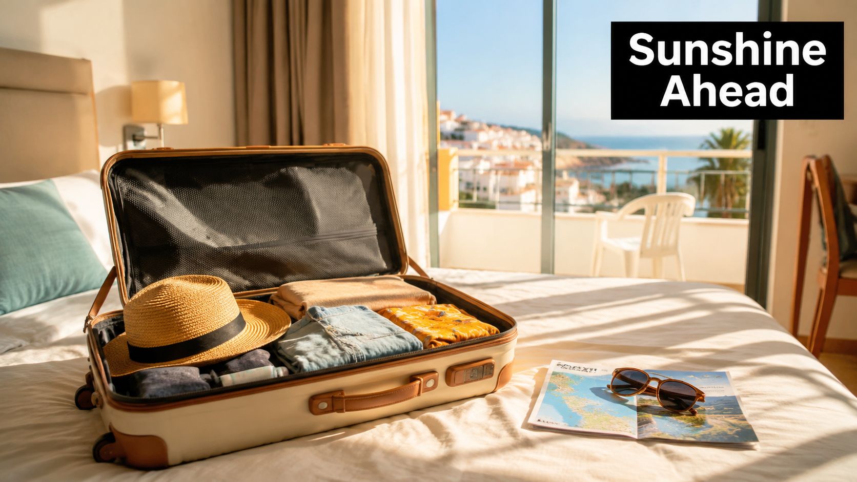 An open suitcase filled with clothes and a sun hat on a hotel bed, overlooking a sunny coastline.