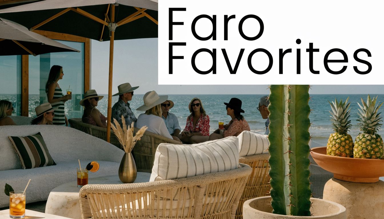 A group of friends relaxing at a stylish beach club in Faro, Portugal, enjoying drinks and conversation.